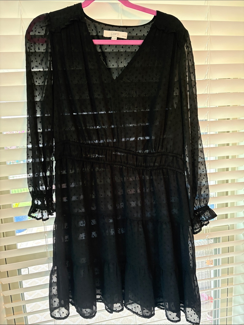 LOFT Black Sheer Swiss Dot Tiered V-Neck Dress